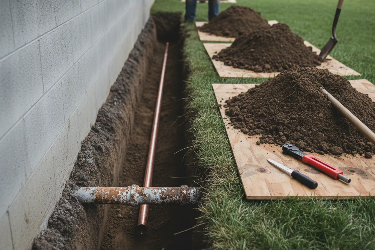 Excavated water line trench during Water Softener Installation in Huntersville